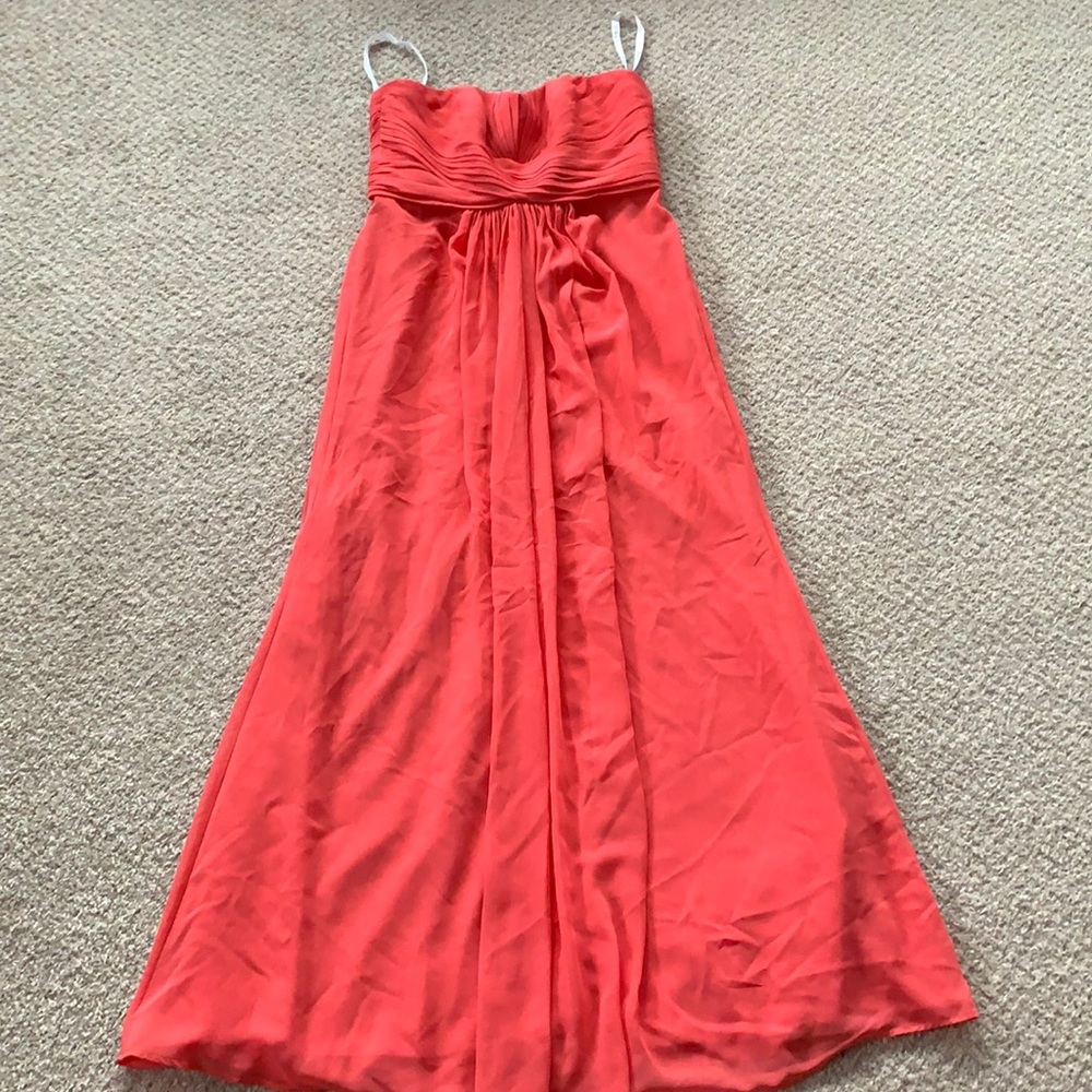 David’s bridal coral strapless maxi dress chiffon.